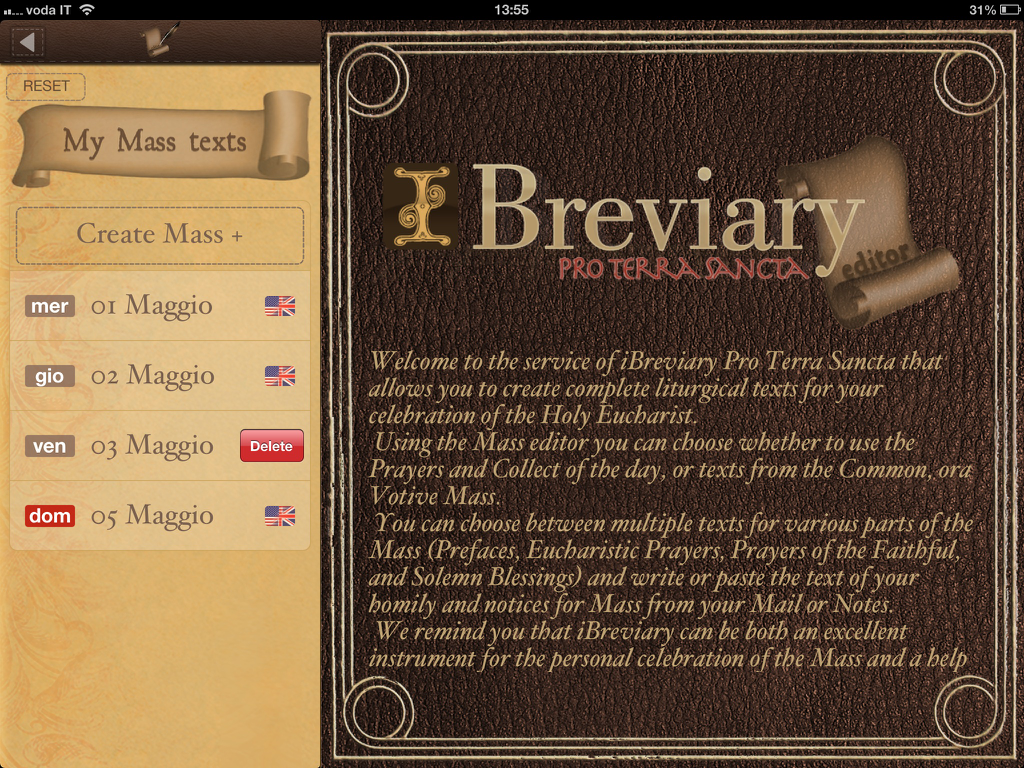 Interface of the iBreviary Pro Terra Sancta HD app showing the Mass editor and liturgical text management tools on an iPad.