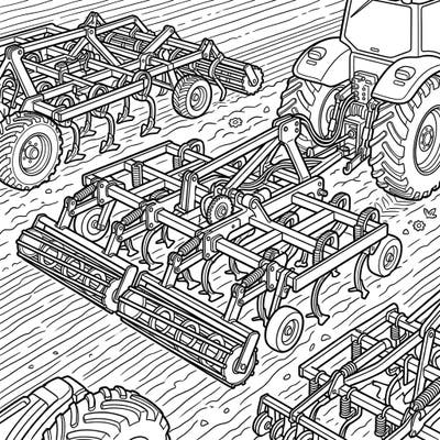 Unleash your creativity with this intricate coloring page featuring essential farm machinery. Dive into the detailed world of cultivators and tillers, ready for your artistic touch.