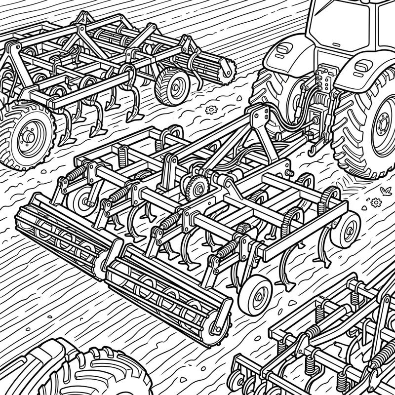 Unleash your creativity with this intricate coloring page featuring essential farm machinery. Dive into the detailed world of cultivators and tillers, ready for your artistic touch.