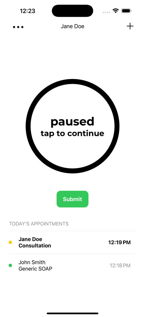 Lume Scribe-Mobile-App-Bildschirm mit pausierter Aufnahme und Liste von Patiententerminen.