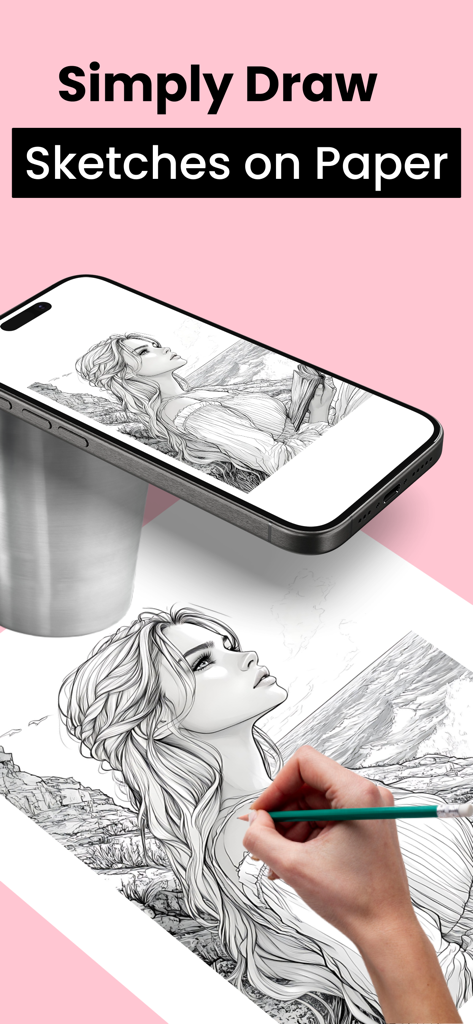 AR Drawing Sketch Paint; Trace - Una mano trazando un boceto proyectado de una mujer sobre papel usando un iPhone apoyado en un cristal