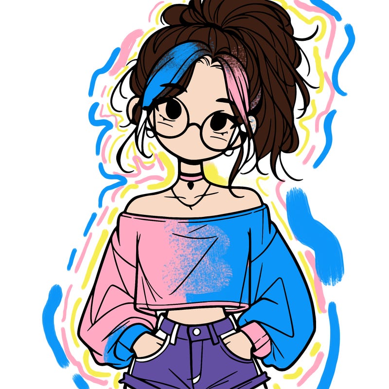 girl with a messy ponytail glasses a baggy crop top and jean shorts