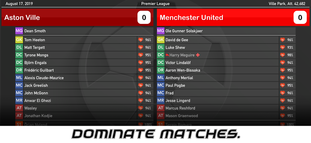 Football Owner 2 match screen showing team rosters and player fitness levels for a soccer management game