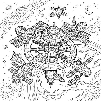 Embark on an epic coloring journey with this highly detailed orbital space station. Featuring a grand station, accompanying rockets, and a stellar cosmic backdrop, this page invites you to explore the wonders of space with your colors.