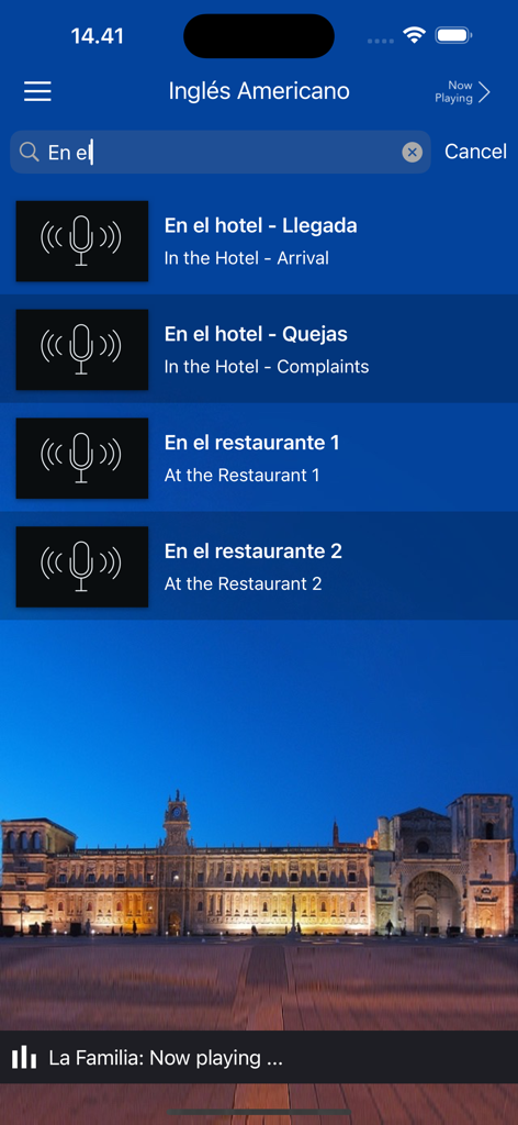 Aprende Inglés con Español - Interfaz de la aplicacion con lista de lecciones de audio para aprender ingles americano