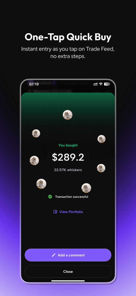 MoonRush: Social Trading - MoonRush app screen showing a successful one-tap quick buy transaction for crypto tokens.