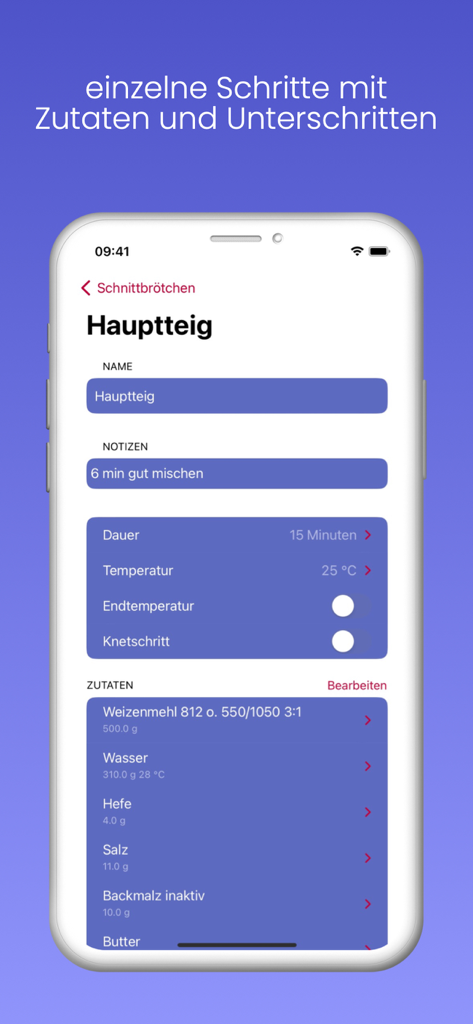 Interface de Back App affichant les ingrédients de la recette et les réglages de température de la pâte