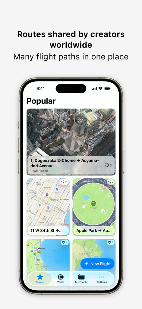 Skymera - 3D Map Studio - Skymera app screen showcasing popular 3D flight paths shared by creators worldwide