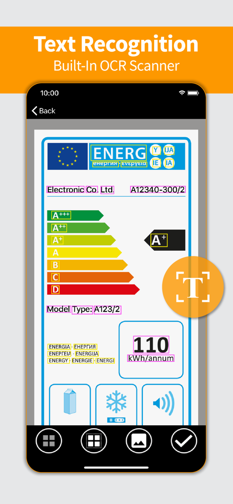 Interfaz de la aplicación Scan-IT to Office que demuestra el escáner OCR integrado para el reconocimiento de texto en una etiqueta