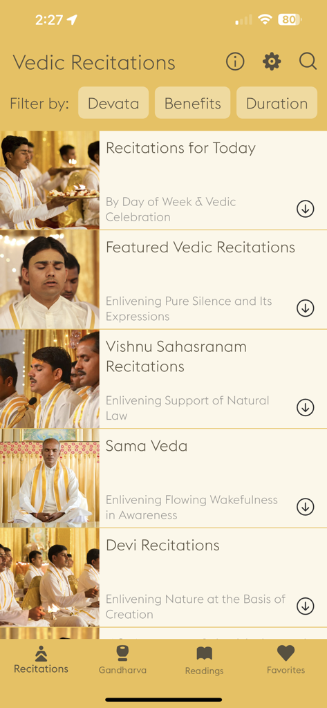 Maharishi Veda app Vedic Recitations screen showing audio tracks and filter options