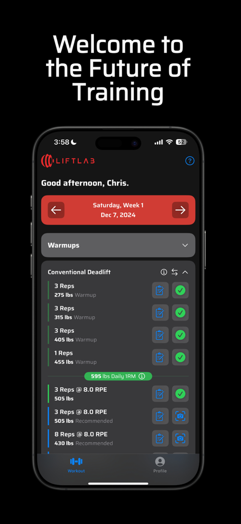 LiftLab - Optimized Training - LiftLab app interface showing a conventional deadlift workout session with detailed rep and weight tracking