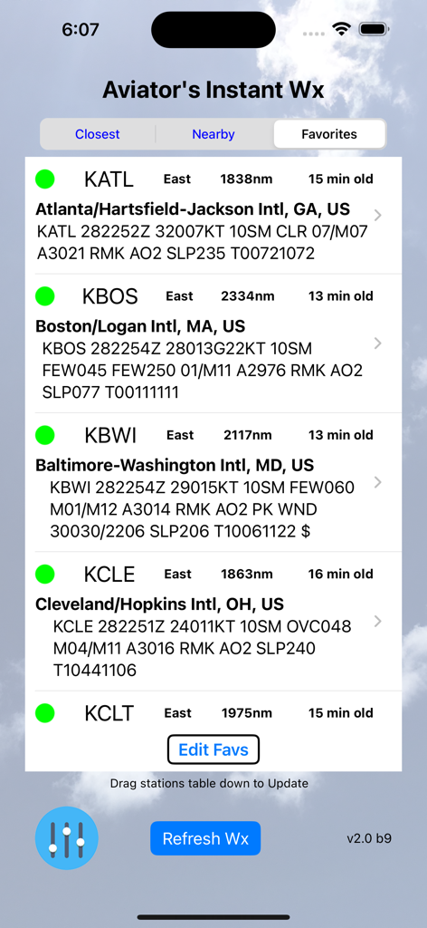 Aviator's Instant Weather - A list of favorite airports displaying METAR weather reports on the Aviator's Instant Weather mobile app.