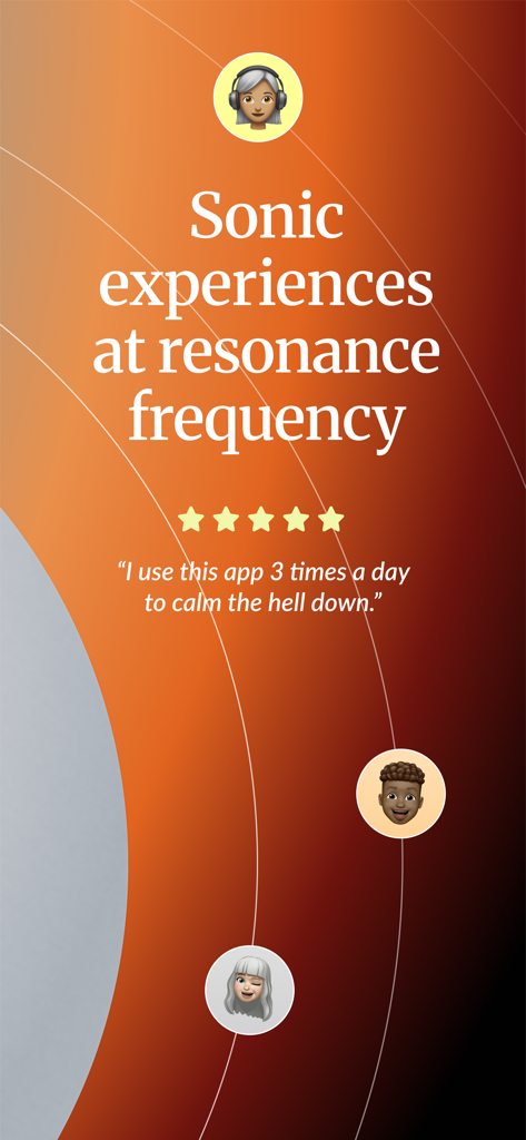 The Breathing App: Calm Daily - Promotional screenshot for The Breathing App featuring sonic experiences at resonance frequency with a 5 star user testimonial