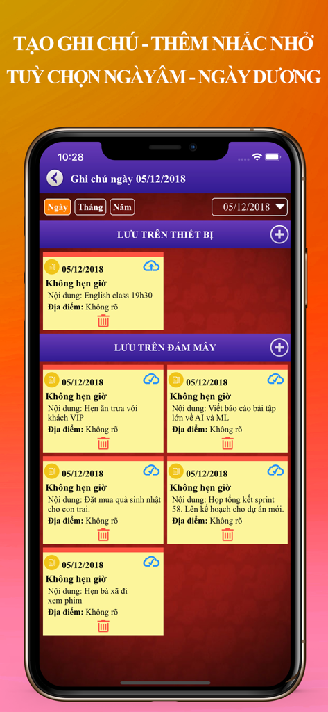 Lịch Vạn Niên 2026 & Lịch Âm - Interfaccia di un'app di calendario lunare vietnamita che mostra note e promemoria locali e sincronizzati nel cloud per date specifiche.