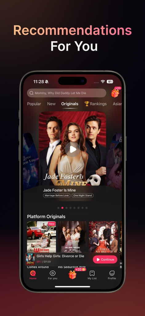 NetShort - Popular Dramas & TV - NetShort app screen displaying personalized drama recommendations and platform originals