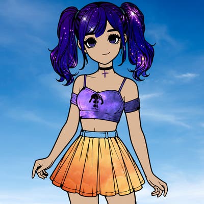 realistic girl in a skirt crop top and pigtails