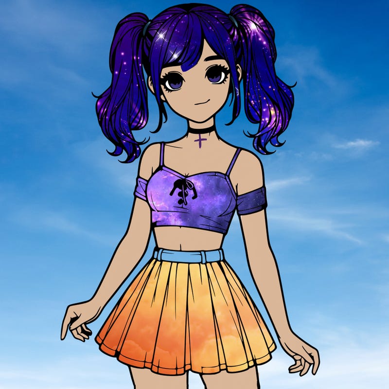 realistic girl in a skirt crop top and pigtails