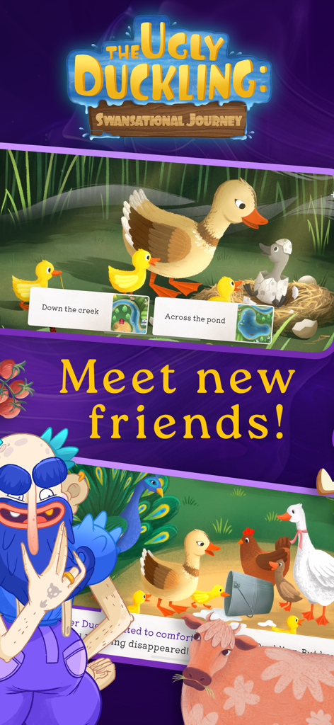 Boook: Interactive Kids Books - Tela de história interativa mostrando escolhas para a aventura O Patinho Feio com vários personagens coloridos de animais de fazenda