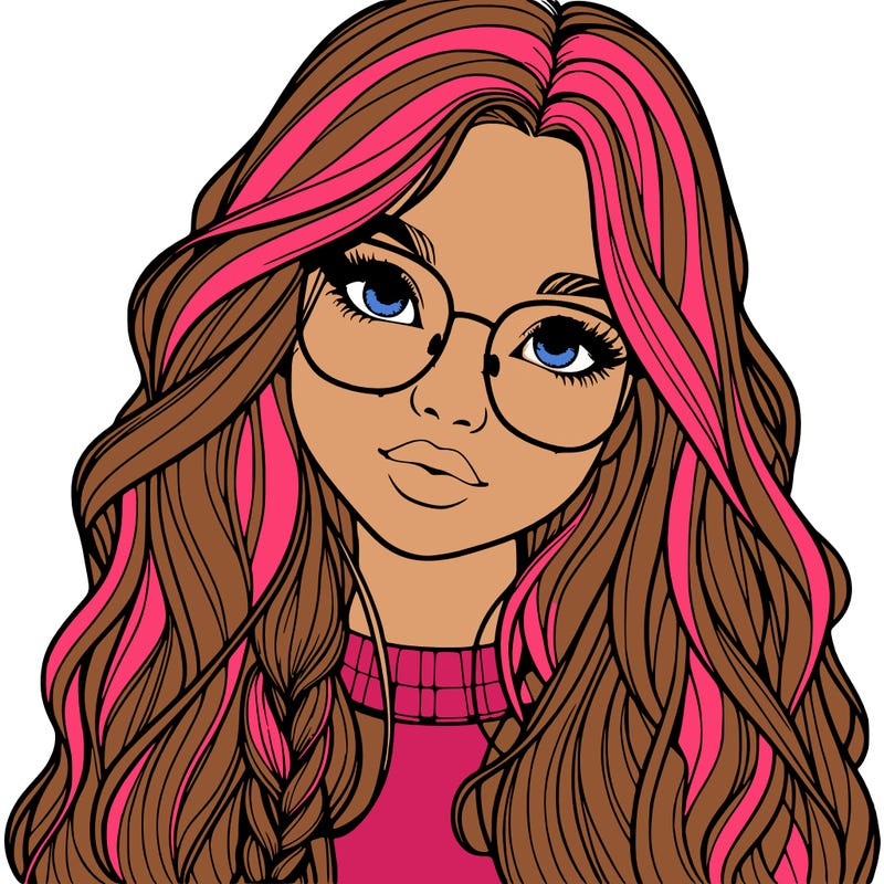 girl with long hair and freckles and glasses realistic