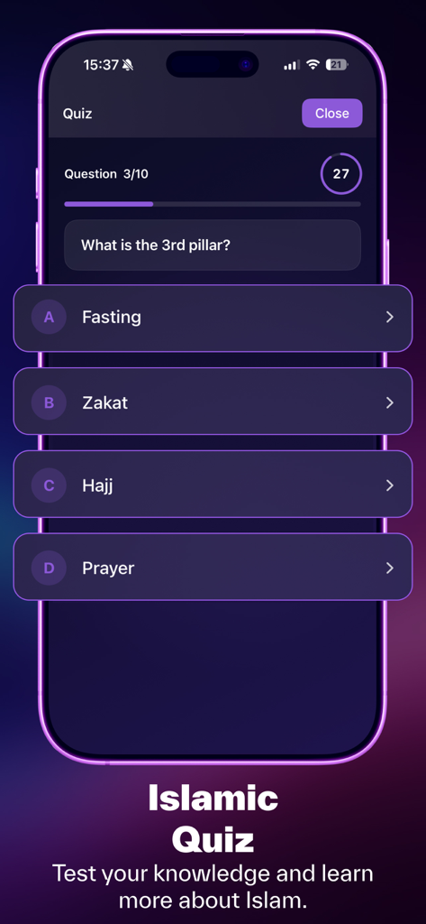 Islami - AI, Quran, Prayer - A screenshot of the Islami app showing an Islamic quiz question about the third pillar of Islam with multiple choice options.