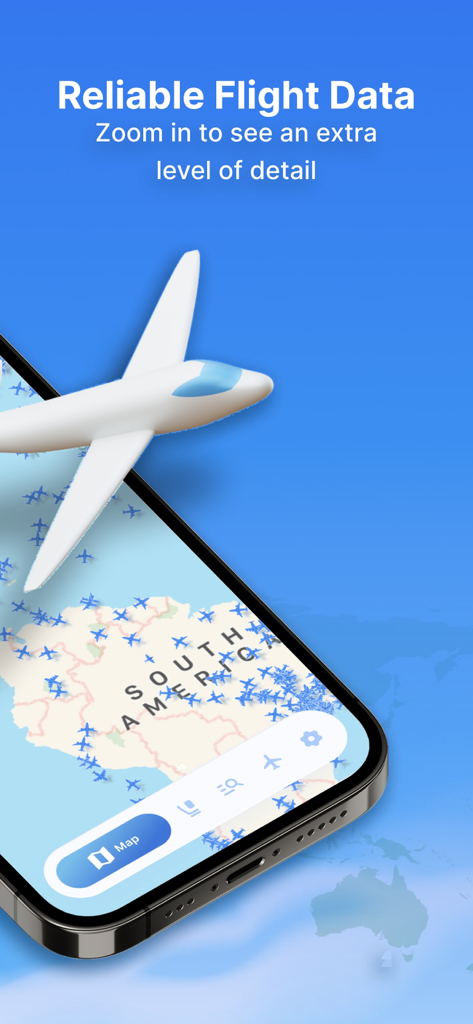 Schermata dello smartphone che mostra il tracciamento dei voli in tempo reale su una mappa del mondo con illustrazione di un aeroplano 3D