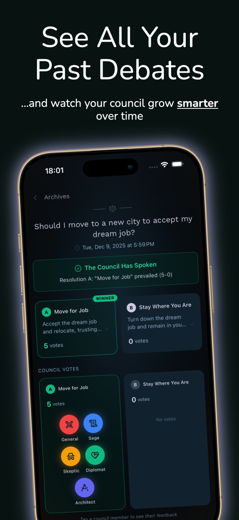 The archives screen of the Moot app showing a unanimous AI council decision for a career dilemma