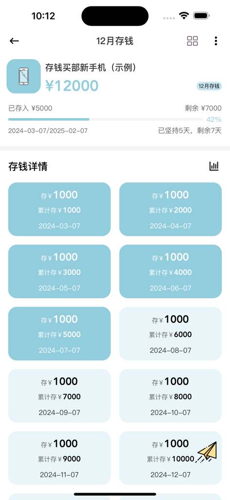 Savings plan interface in Cute Piggy Accounting app showing progress towards a financial goal for a new phone.