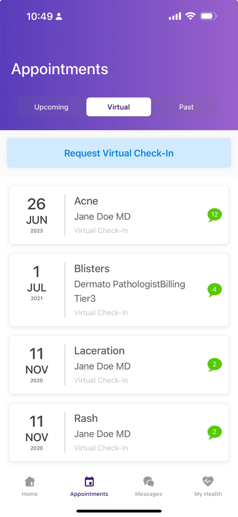 Interfaccia dell'app APPatient che mostra un elenco di appuntamenti medici virtuali e un pulsante per richiedere il check-in