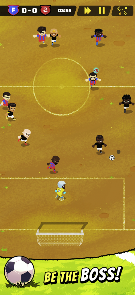 Fire Up Football Manager - Gameplay screenshot of Fire Up Football Manager showing a soccer match in progress with the text Be the Boss