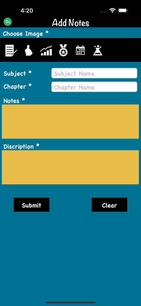 Motivational Quotes Love Quote - Interface do aplicativo móvel para adicionar notas e descrições com um botão de envio.