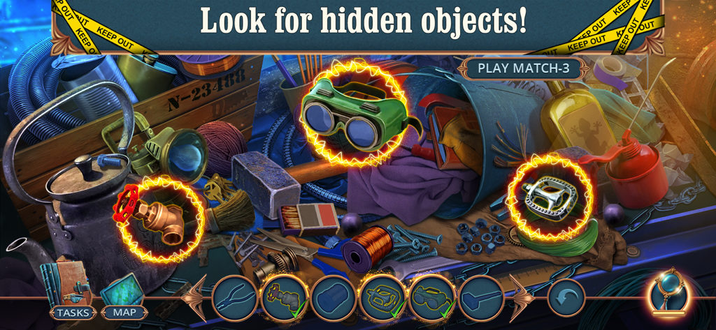 Unsolved Case: Episode 3 - F2P - Jogabilidade de objetos escondidos mostrando a busca por itens industriais em Unsolved Case Episode 3