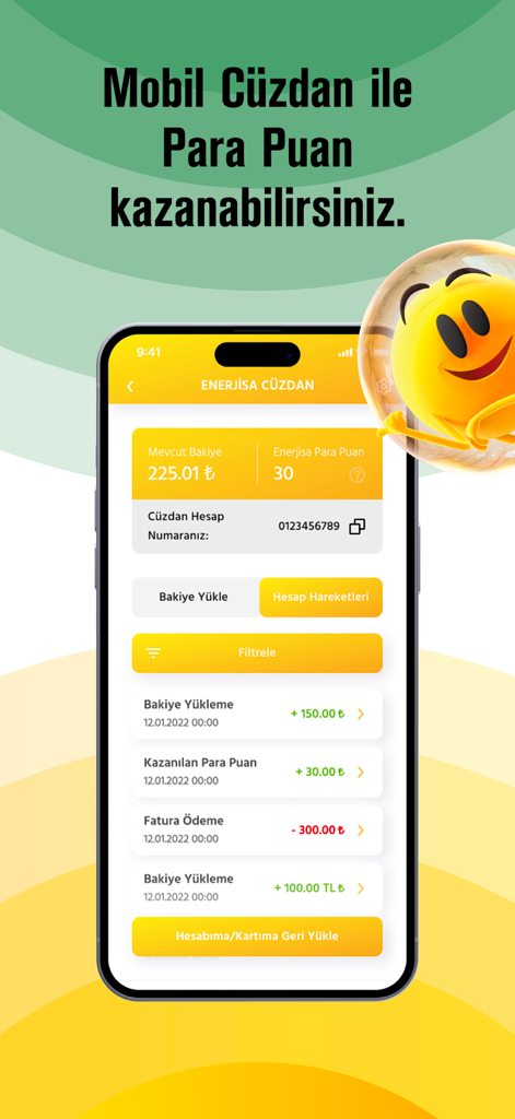 Enerjisa Mobil - Pantalla de la billetera de la aplicación Enerjisa Mobil mostrando el saldo de la cuenta y los puntos de recompensa