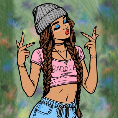 realistic teenage girl with braids and a beanie and crop top doing 🫶🏼