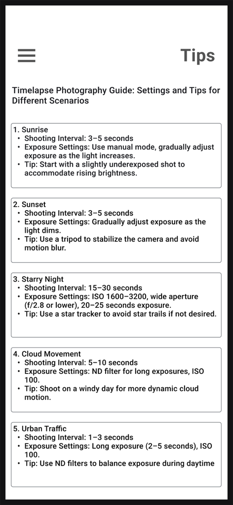 Ein Leitbildschirm mit Aufnahmeintervallen und Belichtungseinstellungen für verschiedene Zeitraffer-Szenarien