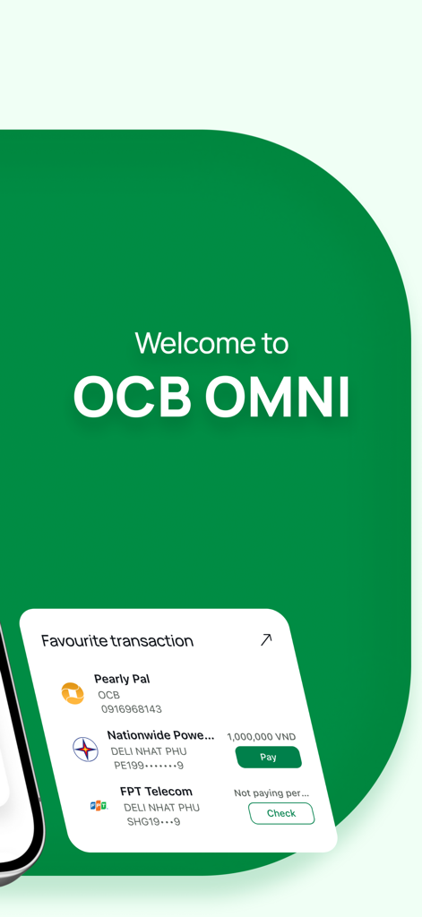 Pantalla de bienvenida de la aplicación OCB OMNI mostrando transacciones favoritas para pagos rápidos y transferencias de dinero