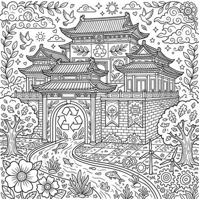 Journey to an ancient Imperial Palace reimagined with vital Earth Day messages. This intricate coloring page blends historical grandeur with environmental awareness, inviting you to reflect on sustainability.