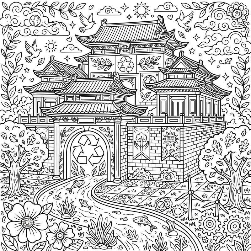 Journey to an ancient Imperial Palace reimagined with vital Earth Day messages. This intricate coloring page blends historical grandeur with environmental awareness, inviting you to reflect on sustainability.