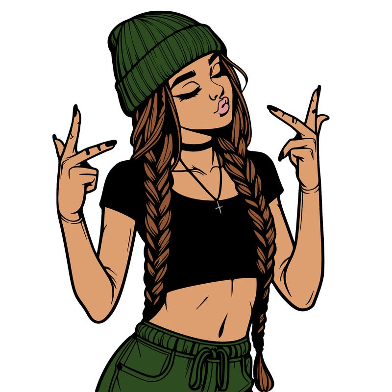 realistic teenage girl with braids and a beanie and crop top doing 🫶🏼