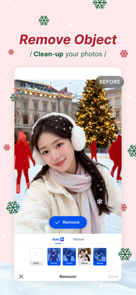 SnapEdit app interface showing AI object removal to clean up a holiday photo