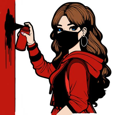 realistic girl with mask spray painting a wall