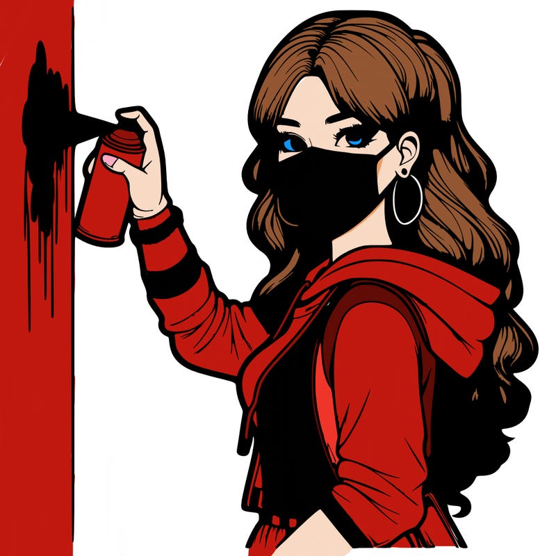 realistic girl with mask spray painting a wall