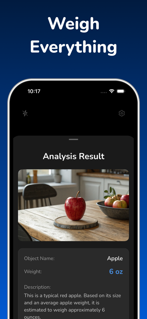 Scale For Grams - AI Estimate - Interfaz de la aplicación móvil Scale For Grams que muestra un resultado de estimación de peso por IA para una manzana roja sobre una mesa.