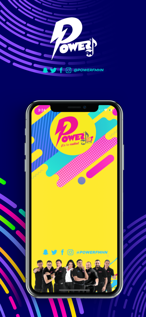Power Honduras - Power FM Honduras mobile app splash screen with logo and radio personalities