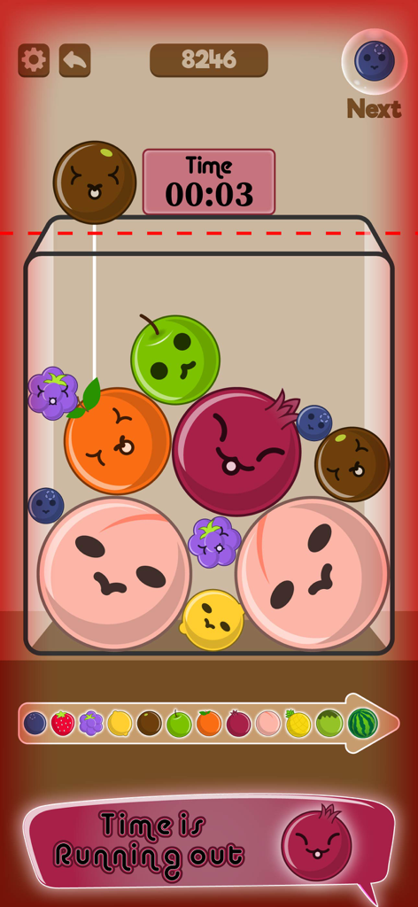 Merge Watermelon & Fruit Game - Gameplay screenshot of Merge Watermelon and Fruit Game showing cute fruits in a jar with a countdown timer