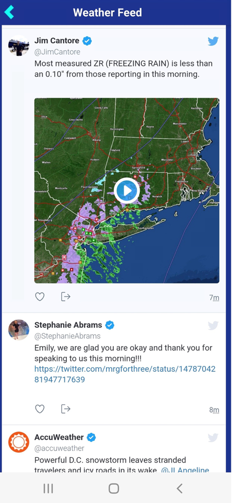 A live social media weather feed from meteorologists within the Mikes Weather Page app.