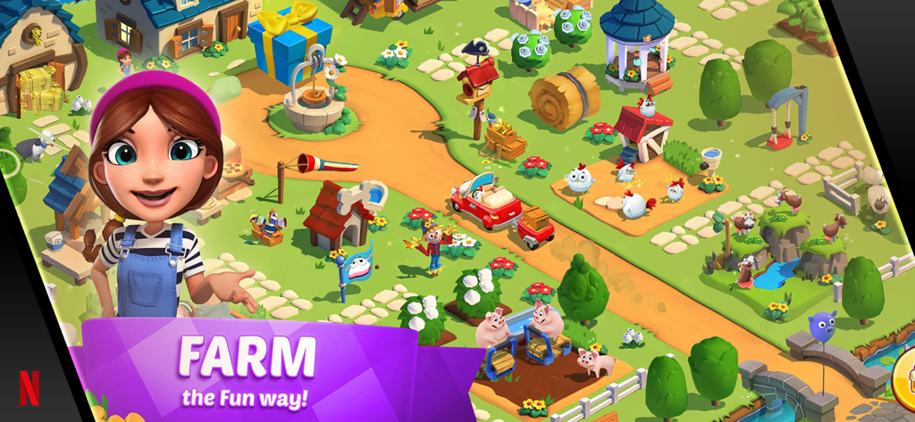 Country Friends - A colorful farm scene from the Country Friends mobile game featuring a character and animals.