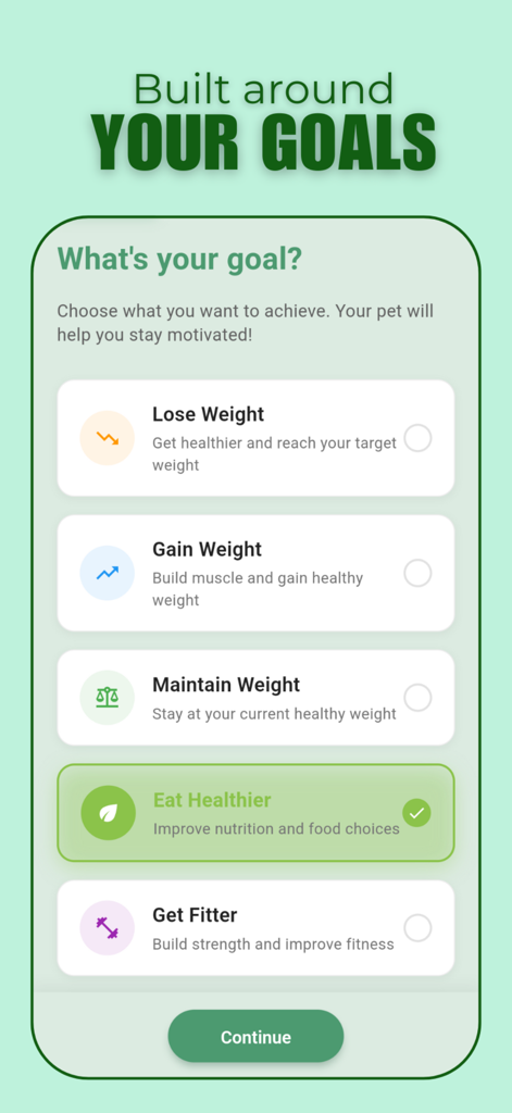 Snapmunch - Snapmunch mobile app screen showing options for health and fitness goals like eating healthier and losing weight