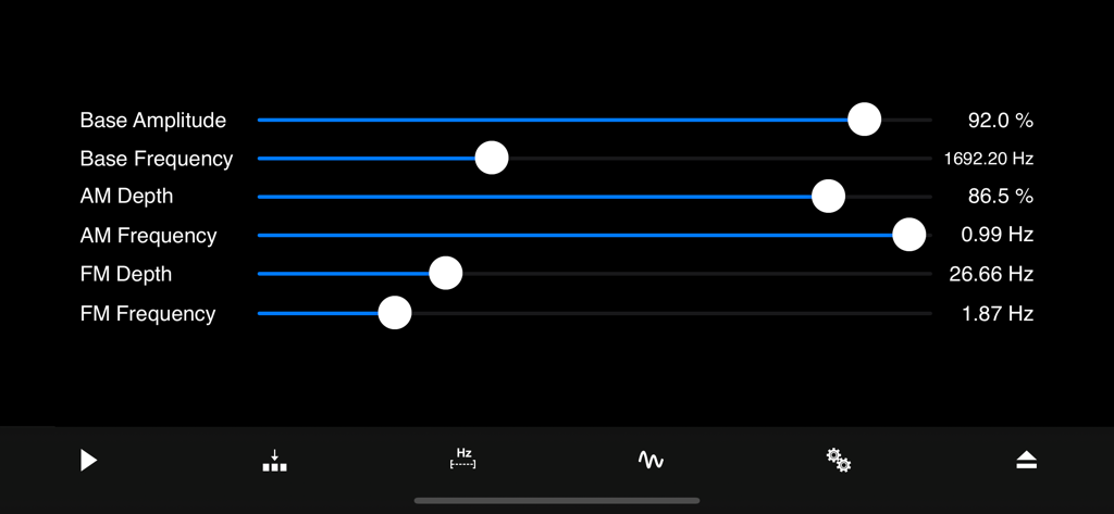 Oscilyzer synthesizer interface showing AM and FM modulation sliders and frequency settings.