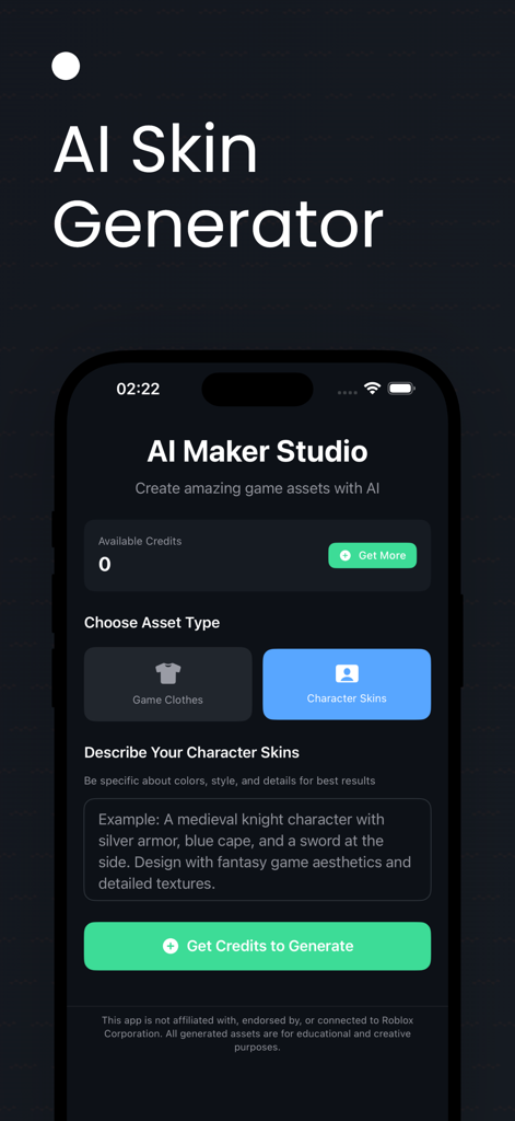 Delta AI: Script Executor Blox - Delta AI app interface for generating custom Roblox character skins.