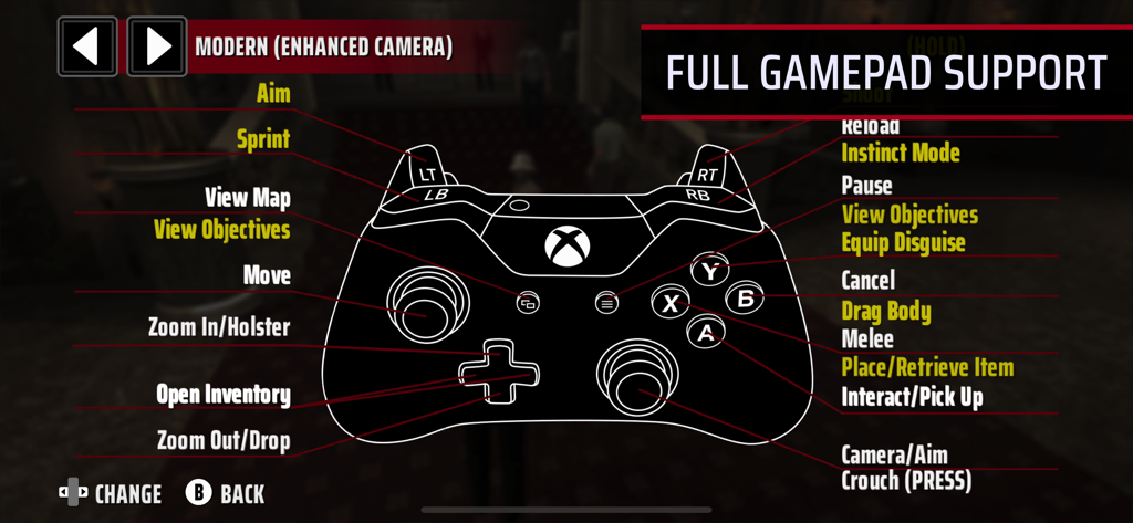 Hitman: Blood Money — Reprisal - Screenshot of the full gamepad controller mapping and button configuration for Hitman Blood Money Reprisal